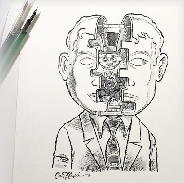 Close-up ink detail of a suited monster piloting the inner workings of the artist’s split-open head.