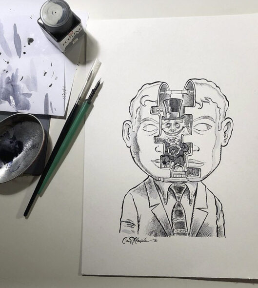 Surreal pen sketch of artist’s head opened like a puppet theater, with a tiny monster managing the controls.
