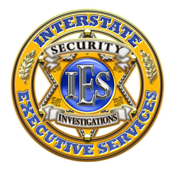 Interstate Executive Services badge with "Security," "Investigations," "IES" in gold, blue accents.