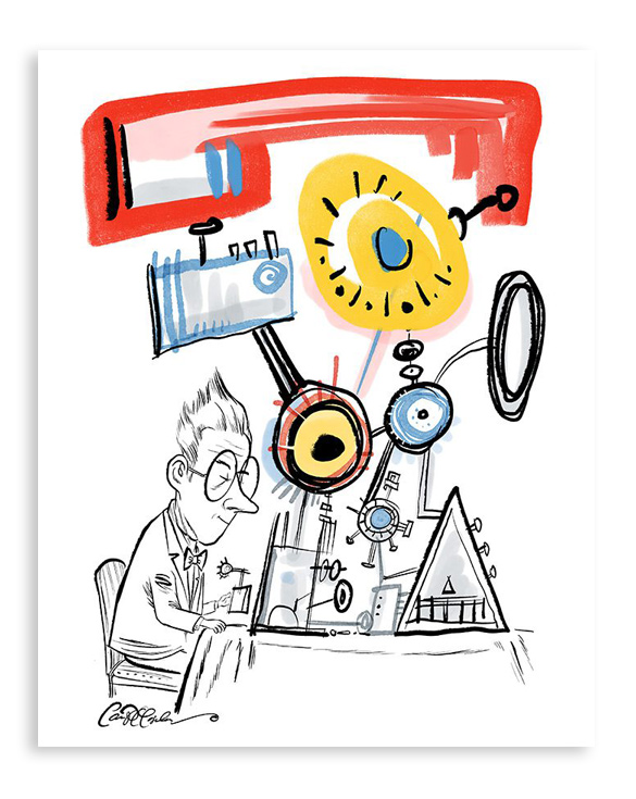 Cartoon inventor surrounded by colorful machine elements in comic chaos