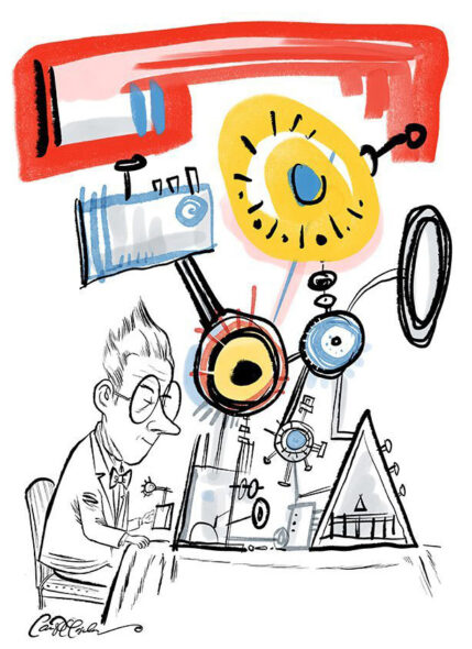 Scientist in suit with gears, dials, and tools on a cluttered lab table.