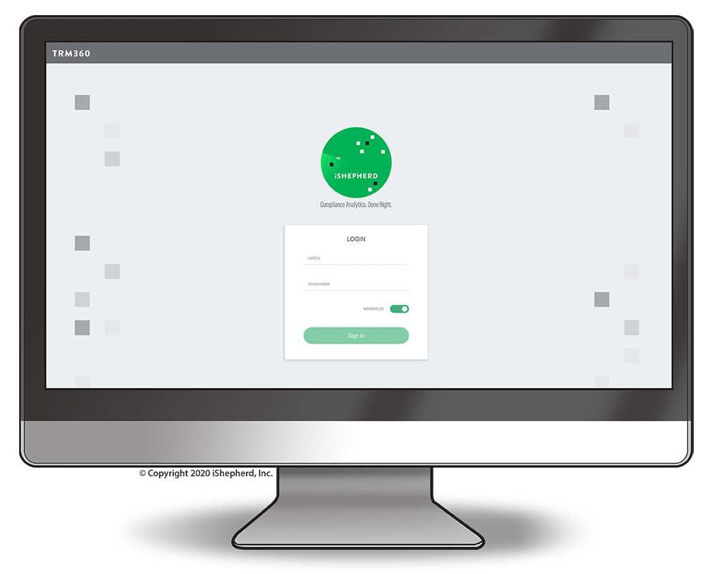 Computer monitor showing iShepherd TRM360 login screen with username and password fields.