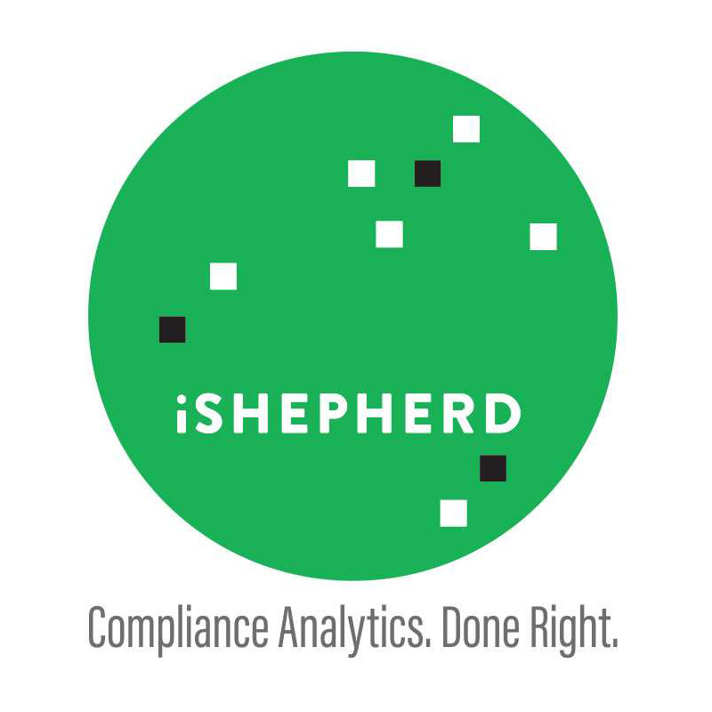 Green tech startup logo for iShepherd with square pixel motif and tagline “Compliance Analytics. Done Right.”