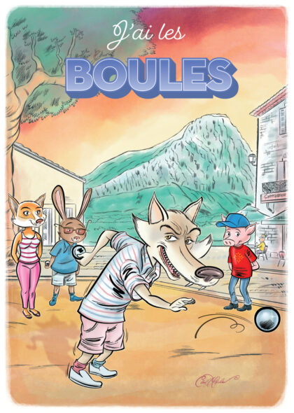 A fantasy street scene with animal kids playing ball in front of a mountain backdrop.