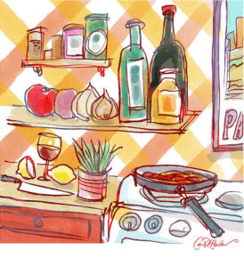 Colorful kitchen illustration with spices, veggies, oil, wine, knife, lemons, plant, and pan on stove.
