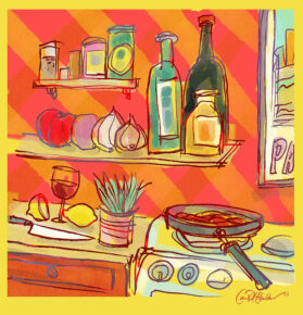 Kitchen illustration with shelves, ingredients, wine glass, potted plant, and frying pan on stove.