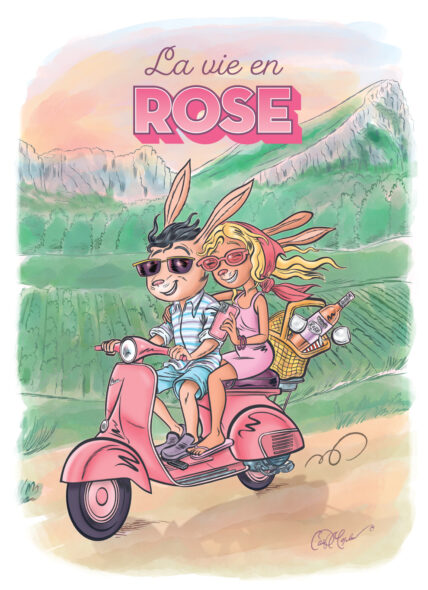 Two rabbits riding a pink scooter along a rural road with drinks in the basket, sunny landscape.