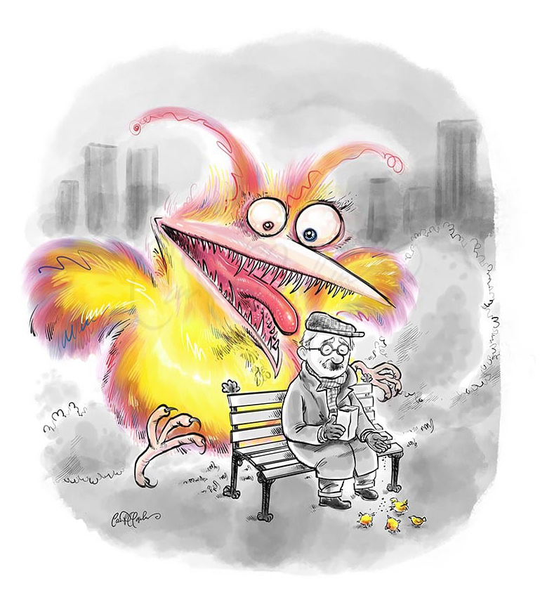 Giant colorful bird surprises man on bench