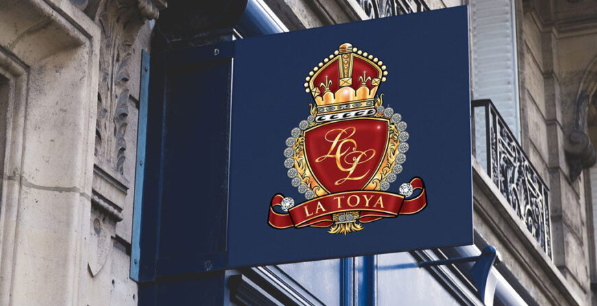La Toya Jackson crest emblem on stone building exterior, designed by Ian David Marsden