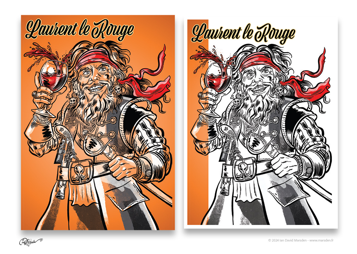 Pirate with red bandana and wine, shown in color and black & white, on orange background.