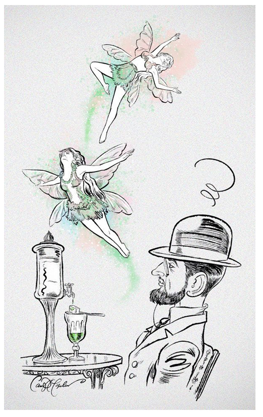 Artistic illustration with two fairies, a table, a man in a hat, and a green drink.