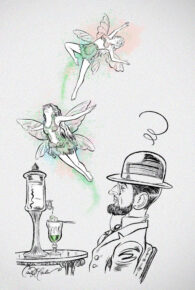 Artistic illustration of two fairies with a man, absinthe on table, vintage style.