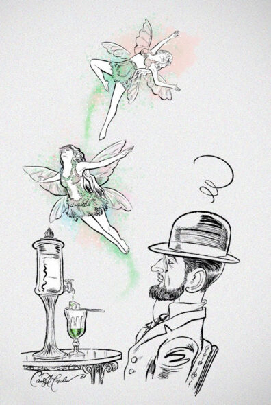Artistic illustration of two fairies with a man, absinthe on table, vintage style.