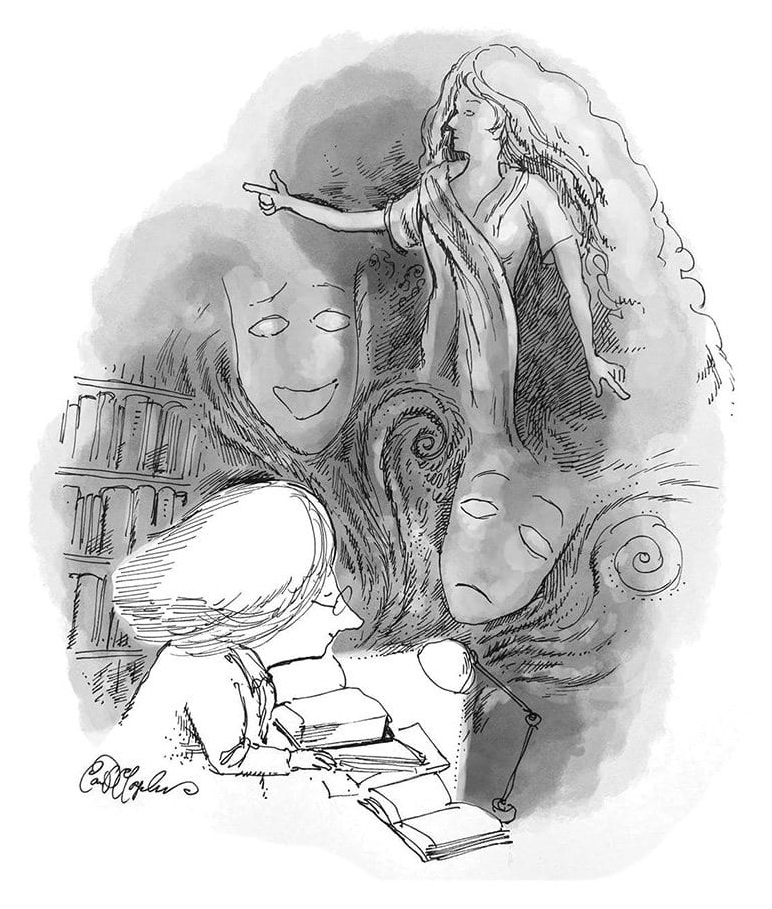 Lady reading with floating theater masks and figures in a style perhaps reminiscent of classic Sempé cartoons