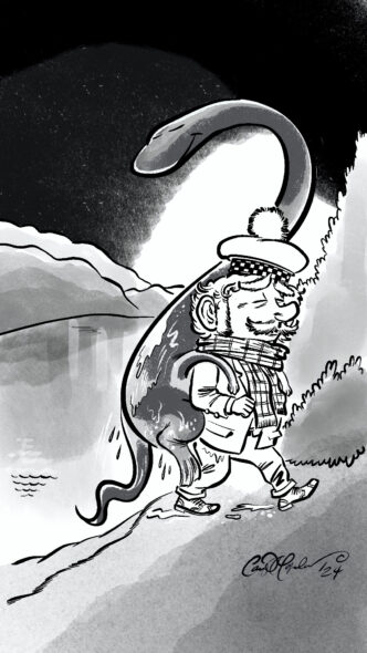Cartoon man walking with Loch Ness Monster strapped to his back