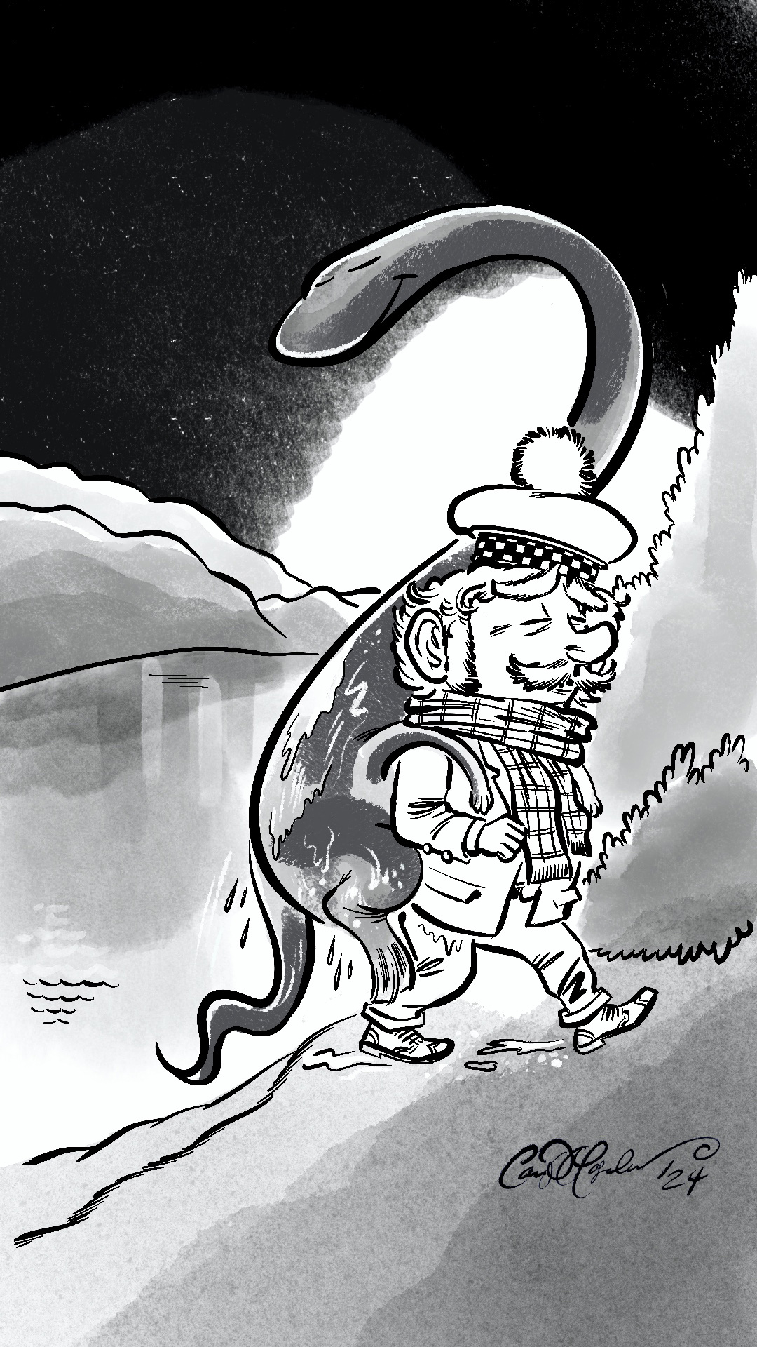 Cartoon man walking with Loch Ness Monster strapped to his back