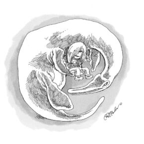 Child with skull shirt sitting inside coiled creature, sketch-like illustration.