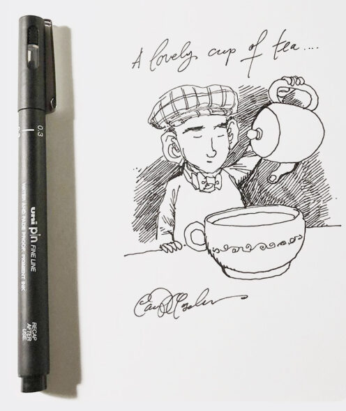 Sketch of a man in a traditional Scottish bonnet pouring tea from an oversized cup; dignified and charming.