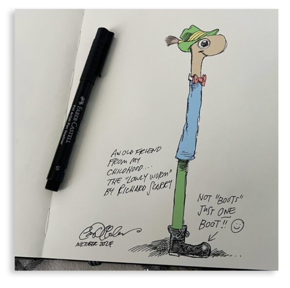 Marker and pen drawing of a smiling worm character beside labeled pens, paying tribute to classic children’s books.