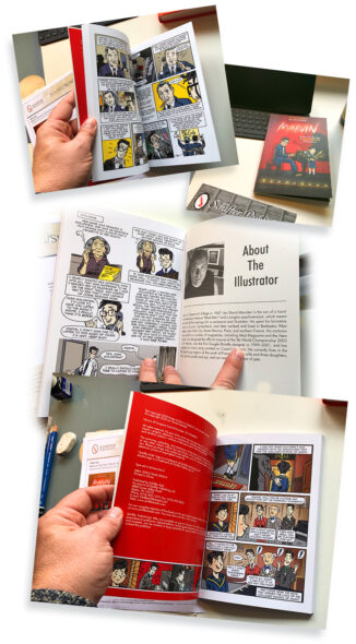 Collage of the printed MARVIN graphic novel by Ian David Marsden, showing the book cover, several open interior pages and the published Schiffer edition. collage of the printed MARVIN graphic novel by Ian David Marsden, showing open interior comic pages, the book cover and the About the Illustrator page.