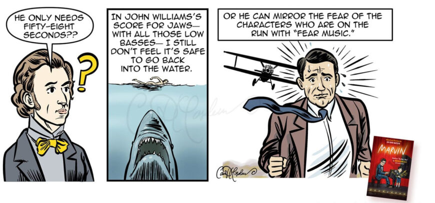 Comic artwork from MARVIN promotion by Ian David Marsden referencing John Williams’s Jaws score and Cary Grant in the crop-duster sequence from North by Northwest.