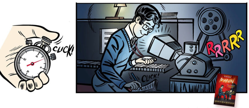 Promotional comic image from MARVIN by Ian David Marsden showing Marvin Hamlisch using a stopwatch while composing at the piano beside a running Moviola film-editing machine.