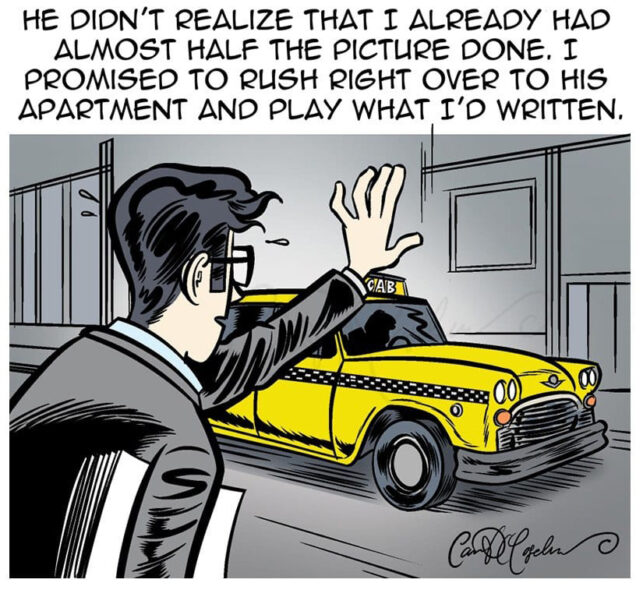 Comic scene from MARVIN by Ian David Marsden showing Marvin Hamlisch waving down a yellow New York Checker cab after finishing a large portion of a film score.