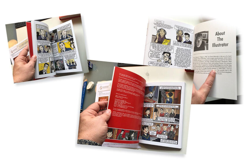 Photographic montage of the printed MARVIN graphic novel by Ian David Marsden, showing open interior comic pages, the back matter and the About the Illustrator page