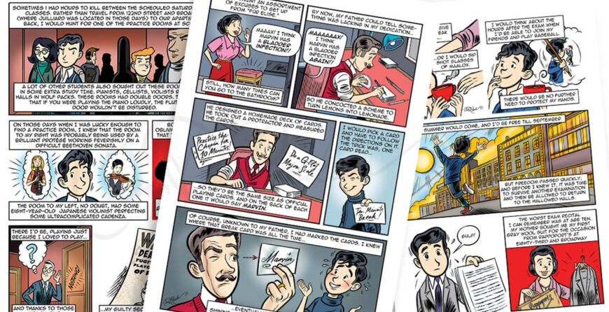 Close presentation of three interior pages from MARVIN by Ian David Marsden, depicting young Marvin Hamlisch’s childhood, violin and piano references, school pressure and family expectations.