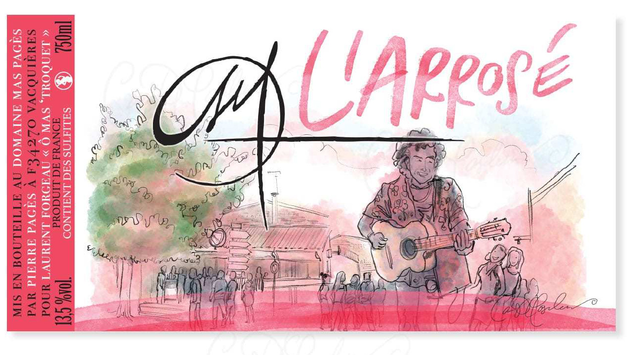 Rosé wine label “L’Arrosé” with guitar player at O Mas Troquet