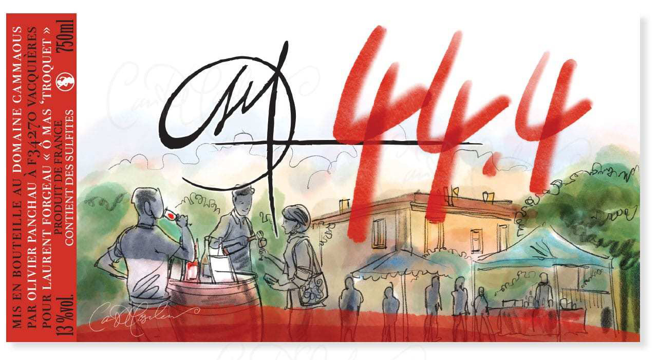 Custom red wine label “44,4” for O Mas Troquet with terrace scene