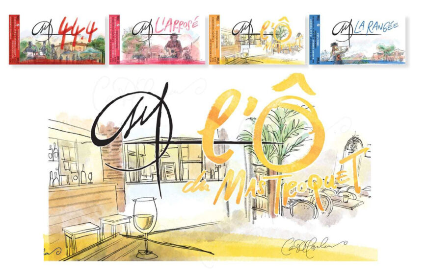 Visuel de présentation montrant une illustration intérieure de restaurant avec un grand titre graphique consacré aux étiquettes.