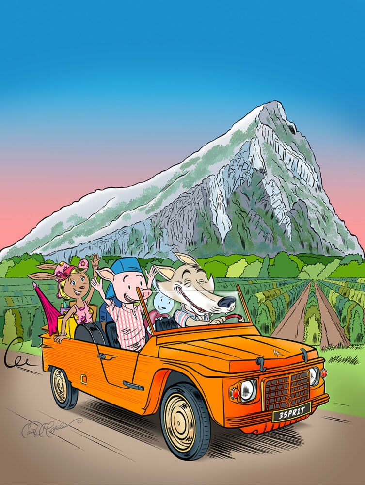 Anthropomorphic animals in an orange convertible near a mountain under a clear sky.