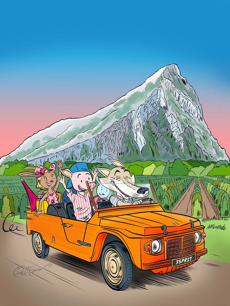 Wolf and animal characters driving Mehari through French countryside near Pic Saint Loup