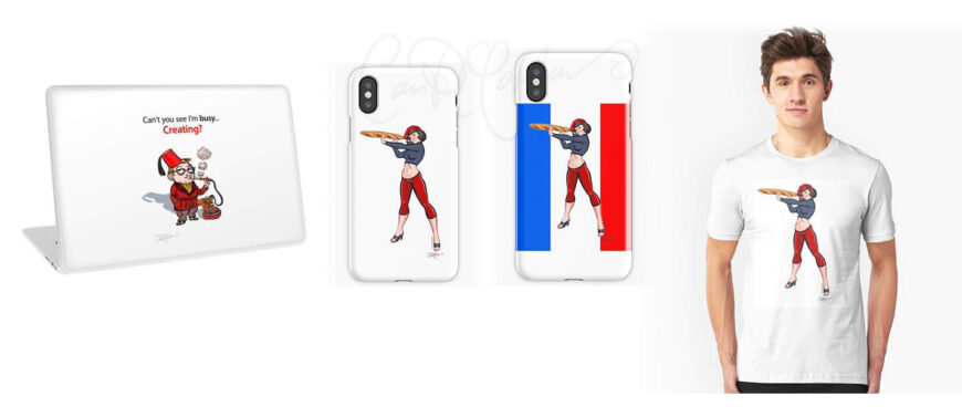 Laptop and phone cases with cartoon art and a T-shirt featuring a woman with a rolling pin.