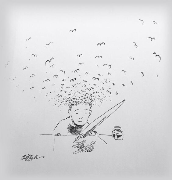 Whimsical ink drawing of a man sketching with a large pen as tiny birds fly from his imagination.