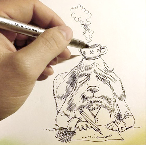 Pen drawing of a dog in a suit balancing a teacup on his head while writing with a ballpoint pen.