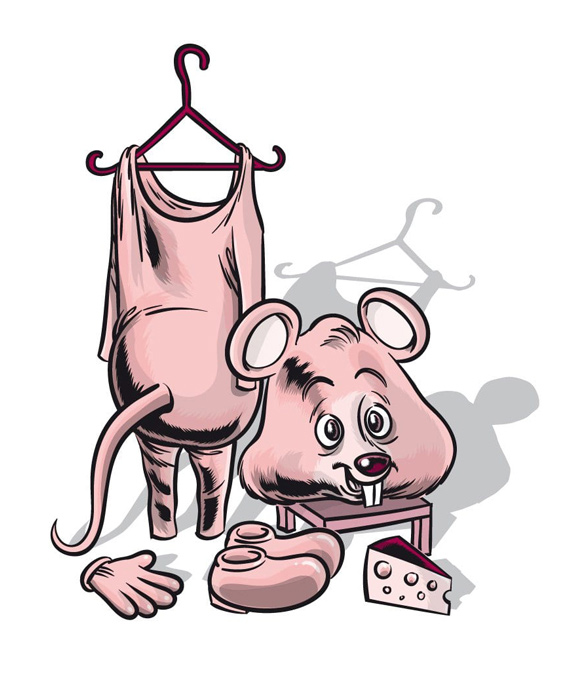 Pink cartoon mouse costume draped over chair