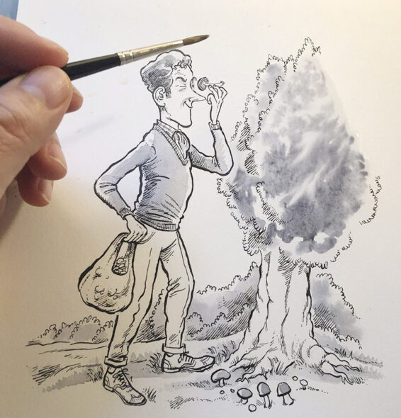 Watercolor and ink drawing of a distinguished figure locked in silent examination of a tiny fungus.