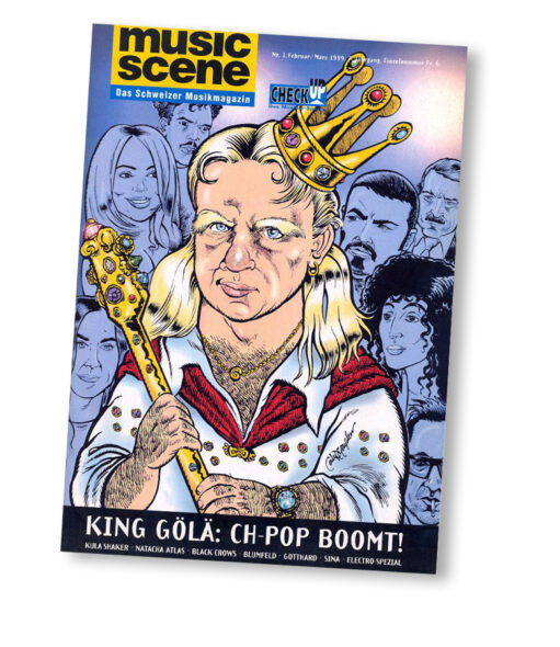 Comic-style magazine cover featuring King Göla, titled "CH-Pop Boomt!" with music acts listed.