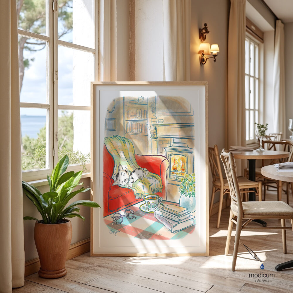 Illustration of a sleeping kitten wrapped in a plaid blanket beside a crackling fireplace, with a steaming cup of coffee and a stack of books.