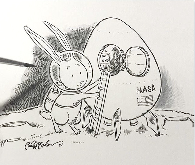 Ink drawing of an Easter Bunny astronaut planting a flag on the moon next to a NASA capsule.