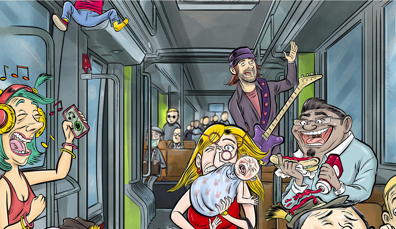 Detailansicht Cartoon – Stossverkehr im Zürcher Tram mit schreiendem Baby, Hotdog, Gitarrenspieler und Kopfhörer