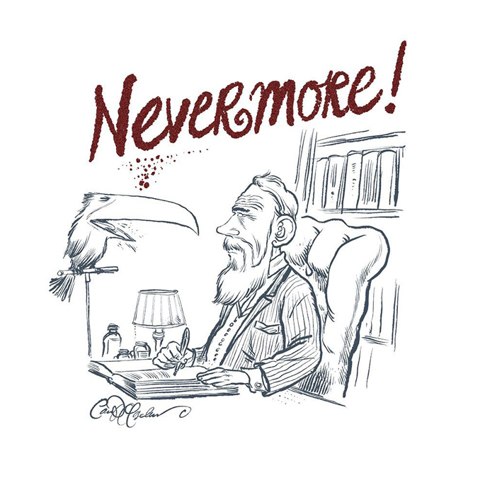 Psychiatrist writing “Nevermore” as raven speaks from chair