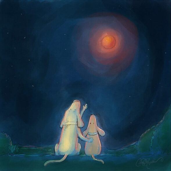 Two dogs sitting under large red moon in dark sky
