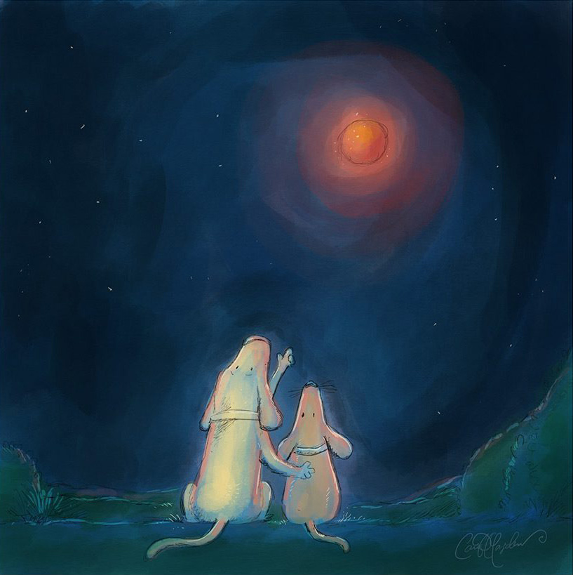 Two dogs sitting under large red moon in dark sky