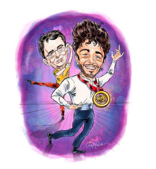 Two cartoon figures dance against a purple backdrop; one wears a medal labeled "Ninja."