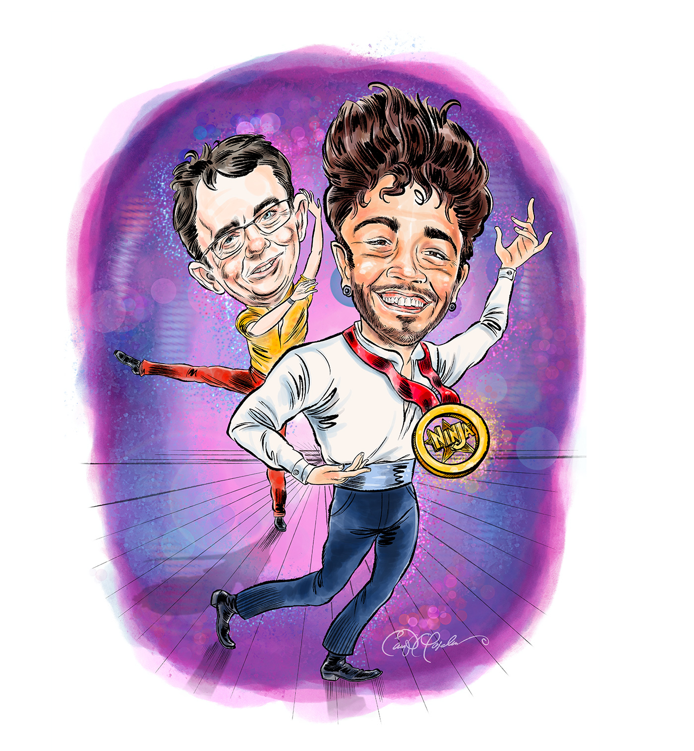 Two cartoon figures dance against a purple backdrop; one wears a medal labeled "Ninja."