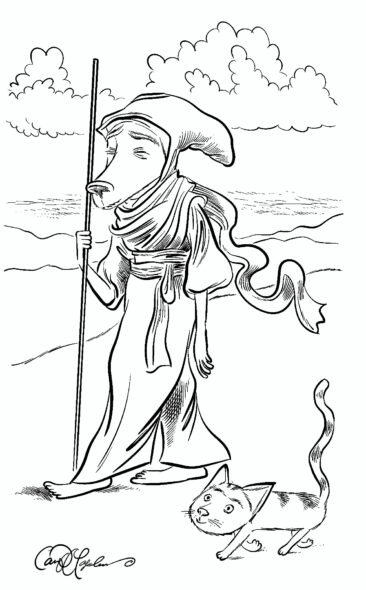 Silhouetted figure with catcompanion walking through desert wind