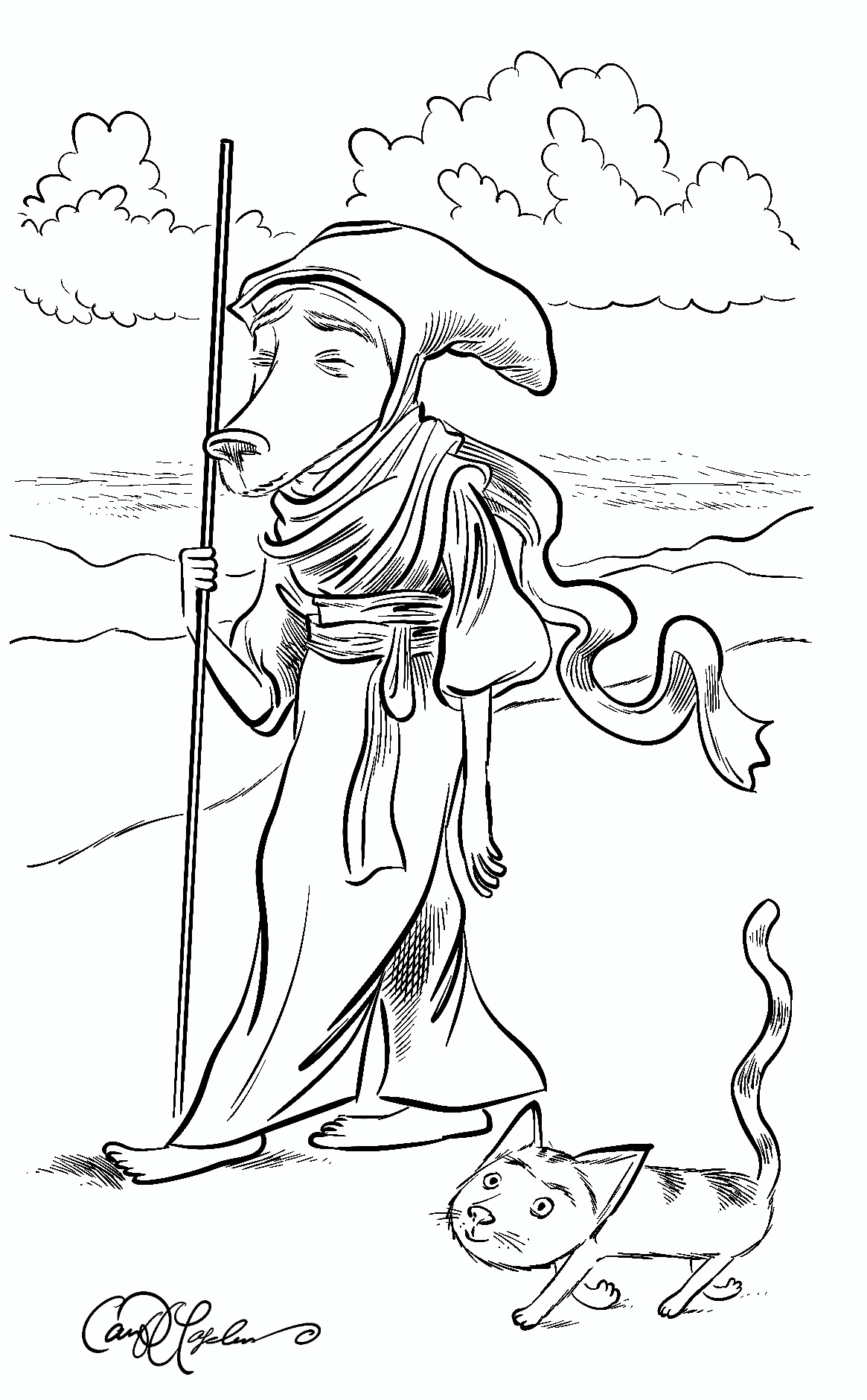 Silhouetted figure with catcompanion walking through desert wind